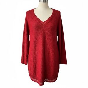 Style & Co. Red V-Neck Tunic Sweater with Lace Trim and subtle sparkle NWT 2X